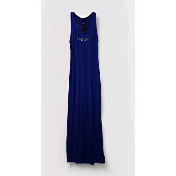 BEBE WOMEN'S SWAROVSKI CRYSTAL RHINESTONE LOGO BLUE DRESS SIZE STRETCHY S NWT - Picture 4 of 5